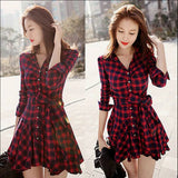 Womens Lady Long Sleeve Ruffles Office Ladies Casual Flannel Plaid Check Button Down Top Layer Shirt Dress-Outfit