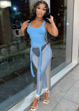 Sexy Sleeveless High Waist Solid Mesh Skinny Two Piece Pants