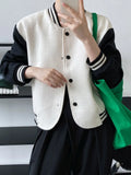 Trim Color Block Bomber Jacket Black Beige Autumn Casual Women Coat