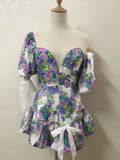 Women Spliced Bow Bandage Floral Print Mini Dress Sexy Short Lantern sleeve One Shoulder Party Dresses-Outfit