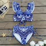 High-Belt Strap-Print Split Swimsuit Woman 2025 New Bikini Skirt Three-Piece Lotus