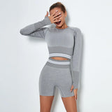 Seamless Women Set Bra Shorts Workout Sportswear Gym Clothing Fitness Long Sleeve Crop Top High Waist Leggings Sports