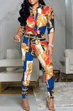 Classic Print Retro Knotted Blouse and Pants