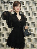 Temperament Fold Pleated Mini Dress For Women V Neck Puff Long Sleeve High Waist Button Slim Mesh Dresses Female 2021