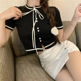 Fragrant Neckline With Black Thin Knitted Short-Sleeved T-Shirt For Women 2025 New Summer Short Ice Silk