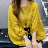 Loose Solid Color Blouse Women's Clothing Fashion Round Neck Commute Button Summer All-match Nine Quarter Sleeve