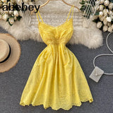 Summer New Sweet Strap Dress Hollow Out Embroidery Waving Backless Women Holiday Beach Dress Chic Fashion