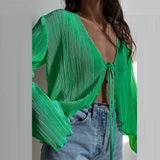 Women Solid Color Striped Cardigan Shirts Long Flare Sleeve Lace-up Deep V Neck Ruffled Tops Casual Party Slit Blouse-Outfit