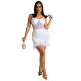 Sexy Straps See Through Solid Feather Bodycon