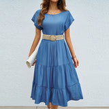 Fashion Casual Pure Color Simple Round Neck Short Sleeve Long Dress Woman Without