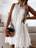 Summer Boho White Beach Dress Women Casual Sleeveless Ruffles Dress Party Plain Lace Hollow Out V-neck Tank Vestidos-Outfit