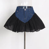 Loose Fashion Ball Gown Skirt For Women High Waist Patchwork Denim Fake Two Piece Mini Shorts Skirts Female