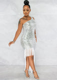 Sexy Sequins One Shoulder Sleeveless Fringe Tassels Irregular Cocktail Party