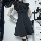 Temperament Lotus Leaf Edge Waist Polo Collar Dress Dark Fashion Leisure Commuter Black Skirt Children-Outfit
