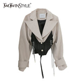 Patchwork Lace Up Bowknot Jacket For Women Lapel Long Sleeve Short Tops Female Fashion New Clothing 2020