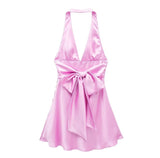 Women's Clothing 2025 Spring New Silk-Sense Texture Hanging Neck-Deck Bow Tie With