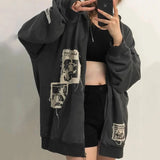 Women's street brown graffiti print zip vintage tops hoodie sweatshirts hoodies kawaii Blouse grunge y2k coats Autumn
