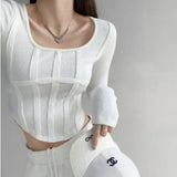 Solid Long Sleeves Bodycon Patchwork Sexy Crop Top 2021 Summer Women Fashion Slit T-Shirts Outfits Underwear