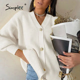 Casual v-neck knitted cardigan women Autumn winter lantern sleeve button female cardigan Fashion ladies oversize