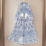 And Autumn Retro Court Style Lotus Leaf Side V-Neck Single Buckle Lantern Sleeves To Close The Waist A Word Print Dress