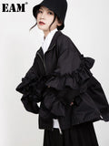Loose Fit Black Ruffles Stitch Big Size Jacket New Lapel Long Sleeve Women Coat Fashion Tide Spring Autumn 2023
