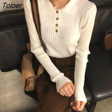 Korean Style Women Knitted Sweater 2023 Autumn Button Long Sleeve Sweaters Woman Turn Down Collar Ribbed Pullover