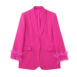 2022 Autumn New 2 Pieces Pink Feather Blazer Woman Long Sleeve Feather Women Coats Pencil High Waist Pants Woman