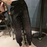 Women's Clothing Diamonds Haren Pants Stylish Bright Line Decoration Summer Net Spliced Streetwear Drawstring Cropped