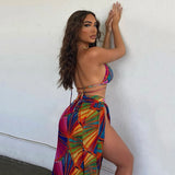 Sexy Print Bikini Set With Sarong Beach Dress Women Swimwear Swimsuit Female Three Pieces Bikini Set Bathing Suit