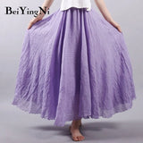 Linen Cotton Vintage Skirt Women Solid Beach Boho Pleated Maxi Skirts Summer Fashion Retro Elastic Waist Saia
