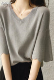 Women's Summer Knitted Shirt Petal Sleeve V-neck Solid Tops Loose Short Sleeve Ice Silk Sweater Women Fashion Shirt
