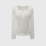 Woman Tshirts O-neck Long Sleeve Tunic Tees Temperament Simple Chic T-shirts 2023 Ropa Mujer Bandage Casual T Shirt Tops-Outfit