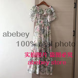 floral print Sexy ruffles Summer off shoulder chiffon long dress Party elastic waist Women casual beach holiday tunic