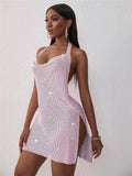 Sexy Pink Sparkling Sequins Halterneck Sleeveless