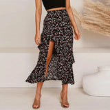 Bohemian Black Ruffle Hem Wrap Floral Print Skirts Women Summer Elastic High Waist Ladies Irregular Long Skirt
