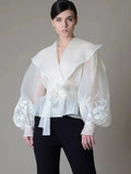 Toloer Retro Palace Style Top Autumn 2024 New Organza Lapel Lantern Sleeve Lace Printed Shirt Girl-Outfit