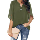 Toloer Women's Women's Short Sleeve Elegant Casual Solid Color V Collar Chiffon Shirt Chiffon