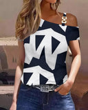 Off Shoulder Print Shirt Blouse Women Casual Chain Sling Short Sleeve Shirts For Women 2023 Office Ladies Elegant Slim Top-Outfit