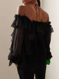 Solid Sheer Blouses For Women Halter Off Shoulder Long Sleeve Spliced Floral Loose Ruffles Shirts Female Spring 2023