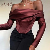 Off Shoulder Blouse Shirt Satin Corset Tops Women Long Sleeve Blouses Shirts Elegant Shirts Sexy Backless Top