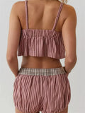 Women Pajamas Sets 2 Pieces Loungewear Suits Plaid Print Camis Cropped Tank Tops Drawstring Shorts Sleepwear Outfits-Outfit