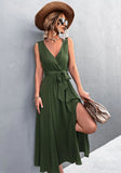Romantic V-neck Sleeveless Solid Belted A-line Holiday