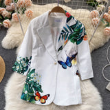Female Suit Set Flower Print Notched Collar Jacket Blazer + Vintage Pants Trouser Runway Office Two Piece Set Suit