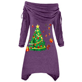 Large Women's Long-Sleeved Christmas Tree Printed Pleated Collar Irregular Long Rope Autumn And Winter Knitted Dress-Outfit