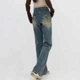 Retro Blue Washed Bootcut Jeans For Women Y2k Fashion High Waisted Wide Leg Pants Female Bottoms Cotton Denim