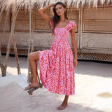 Summer Women's Flower Printed Bohemia Dress Short Sleeves Collared