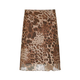 Retro Leopard Print Low-Rise Mesh Half-Dress Babes Irregular Hem To Fix Tight-Knit Long