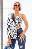White and Black Print Irregular Blazer with Single