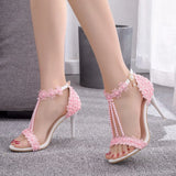 party Sandals Women White Lace Flowers Bridal Pearl Heel 9cm Fine High Heels Thin Bridal Pumps Wedding