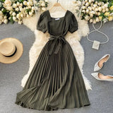 Vintage Square Collar Pleated Dress Women Spring Summer 2021 New Fashion Yellow/Blue/Red High Waist Bandage Party Vestidos